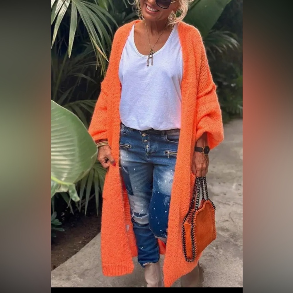 1093.  Love Peace Exposed Seam Sweater Long Cardigan - Orange - Picture 2 of 4